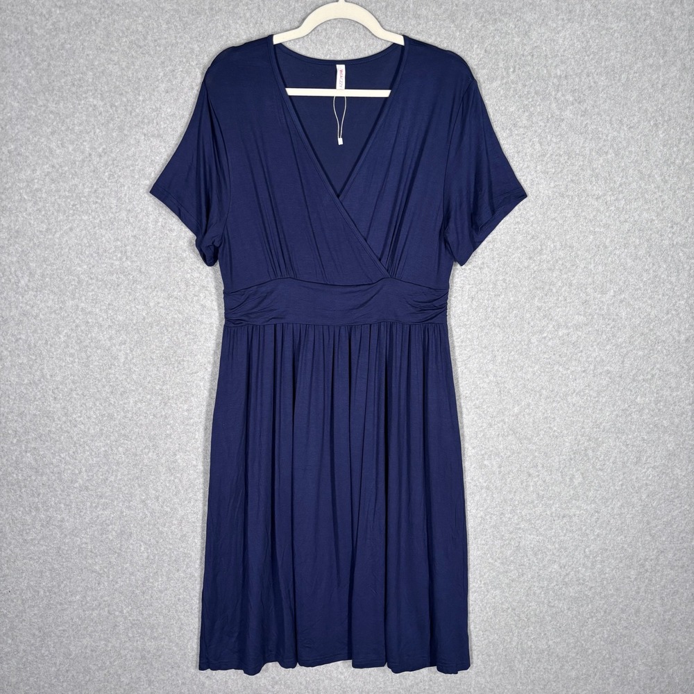 NEW Wrap Pleated Midi Dress XL Navy Empire Waist Jersey Knit Pockets Comfort